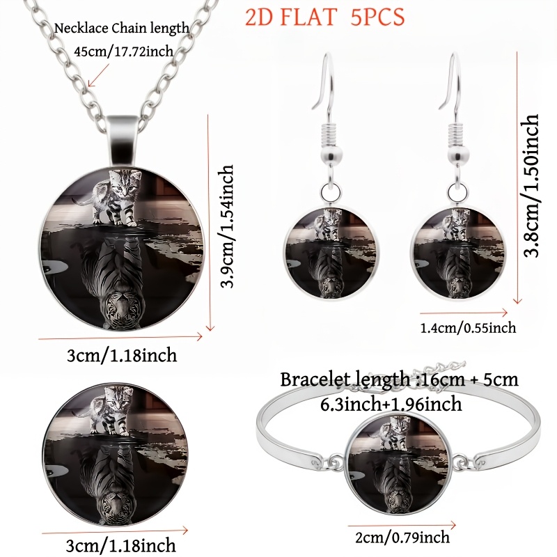 5pc Kitten & Tiger Reflection Pattern Women's Necklace, Earrings, Brooch, Bracelet Set